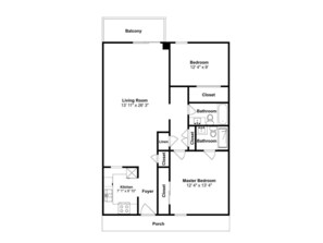 Een plattegrond van een huis met een balkon, woonkamer, keuken, hoofdslaapkamer en twee badkamers.