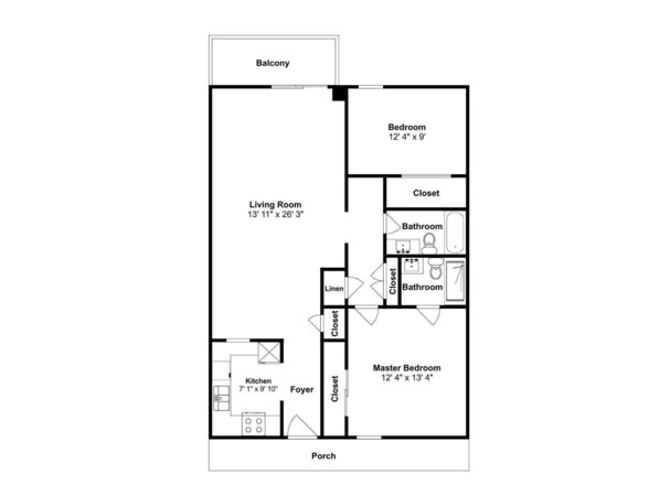 Plantegning af et hus med balkon, stue, køkken, soveværelse og to badeværelser.