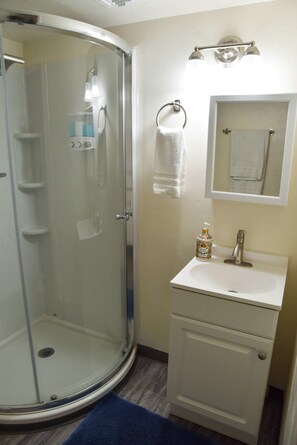 Un baño con ducha de vidrio, un lavabo, un espejo y un perchero para toallas.