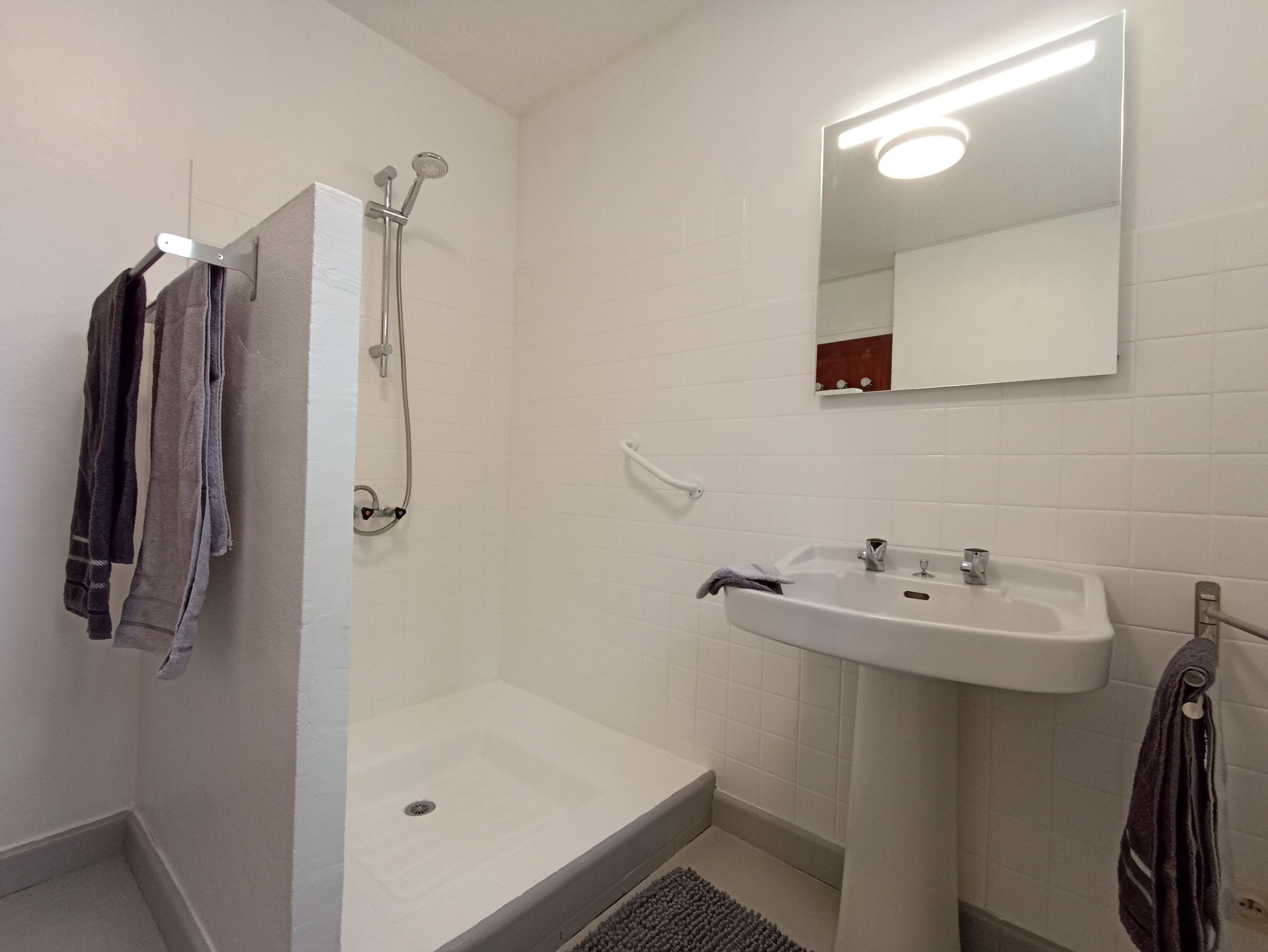 Ein Badezimmer mit Dusche, Waschbecken und Spiegel.