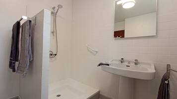 Ein Badezimmer mit Dusche, Waschbecken und Spiegel.
