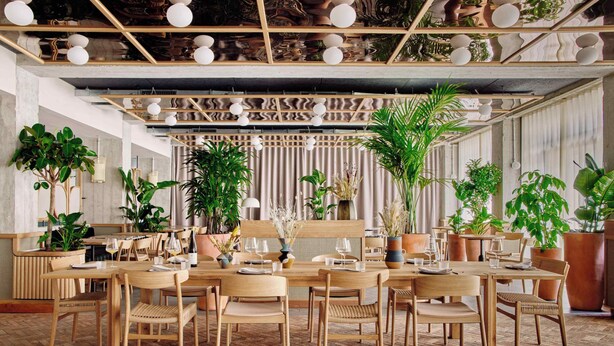 A restaurant with wooden furniture, potted plants, and a herringbone floor pattern. - WunderLocke Munich (Munich)