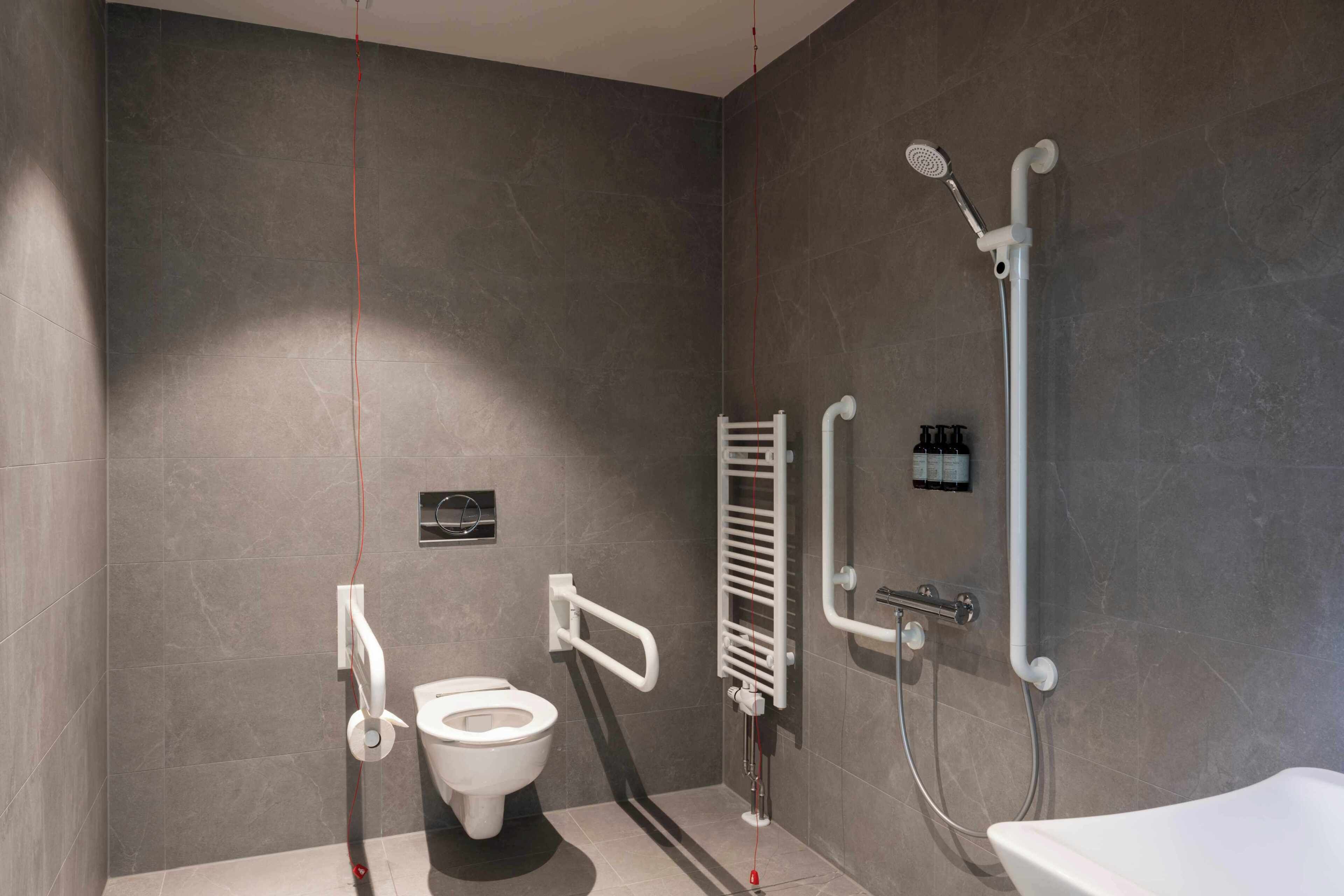 A modern bathroom with a toilet, a shower, and a bathtub.
