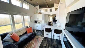 Smart TV, fireplace, video games, DVD player