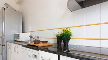 Frigorífico, microondas, horno y placa de cocina