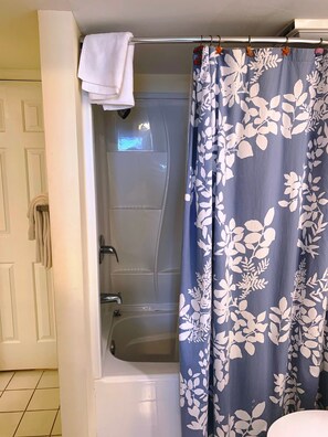 Combined shower/tub, soap, toilet paper