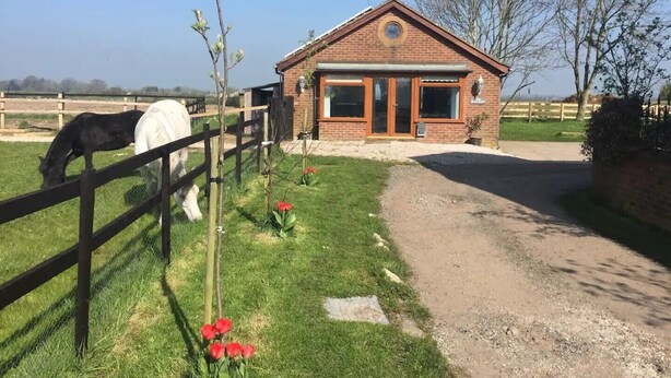 A stable with a horse, surrounded by a fenced area with red flowers and a gravel path leading to a brick building with large windows. - Cosy, self-contained rural bungalow – peaceful countryside escape (Out Rawcliffe Preston)