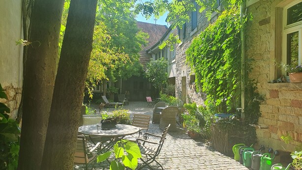 Une cour avec un chemin pavé, des sièges extérieurs et de la verdure.