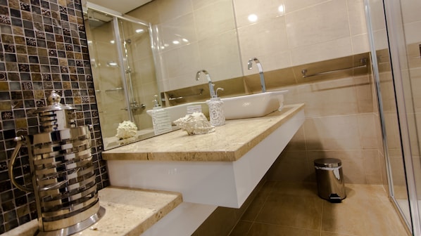 Shower, hair dryer, bidet, towels