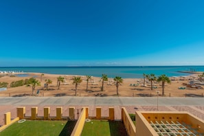 Blick auf einen Strand mit Palmen, sandigem Ufer und blauem Himmel.