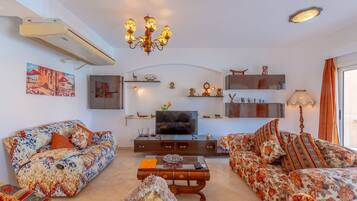 A living room with two sofas, a coffee table, a TV, and decorative items.