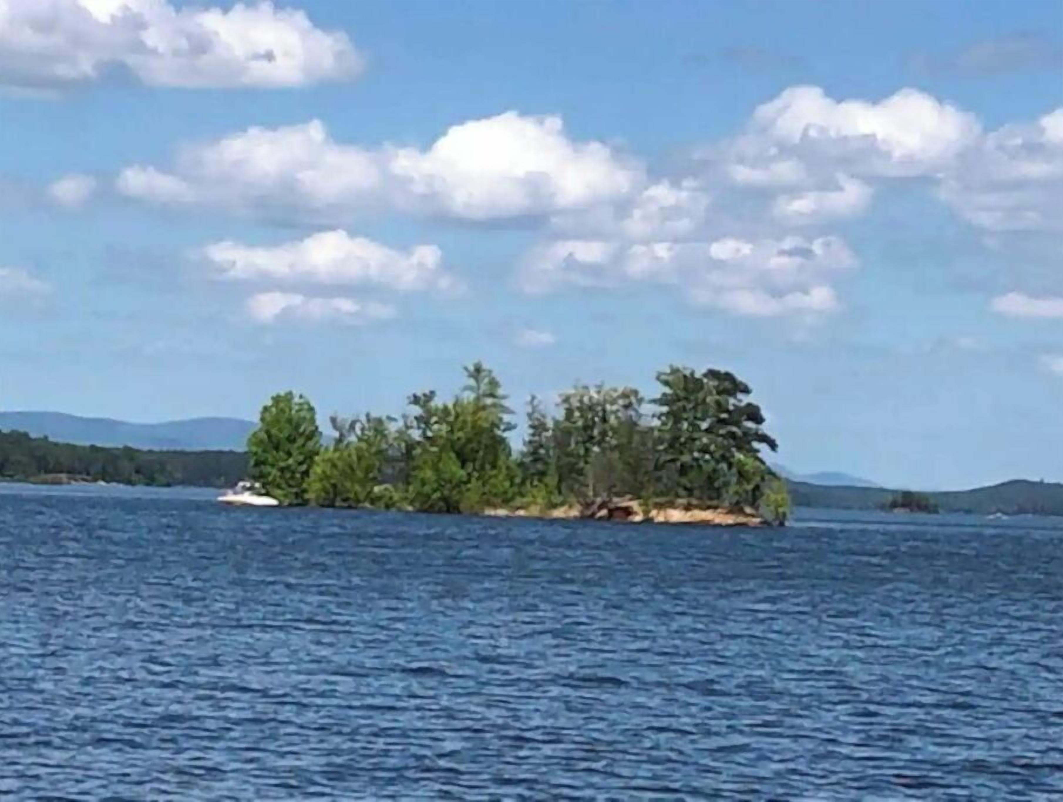 A small island with dense greenery and a boat in the water.