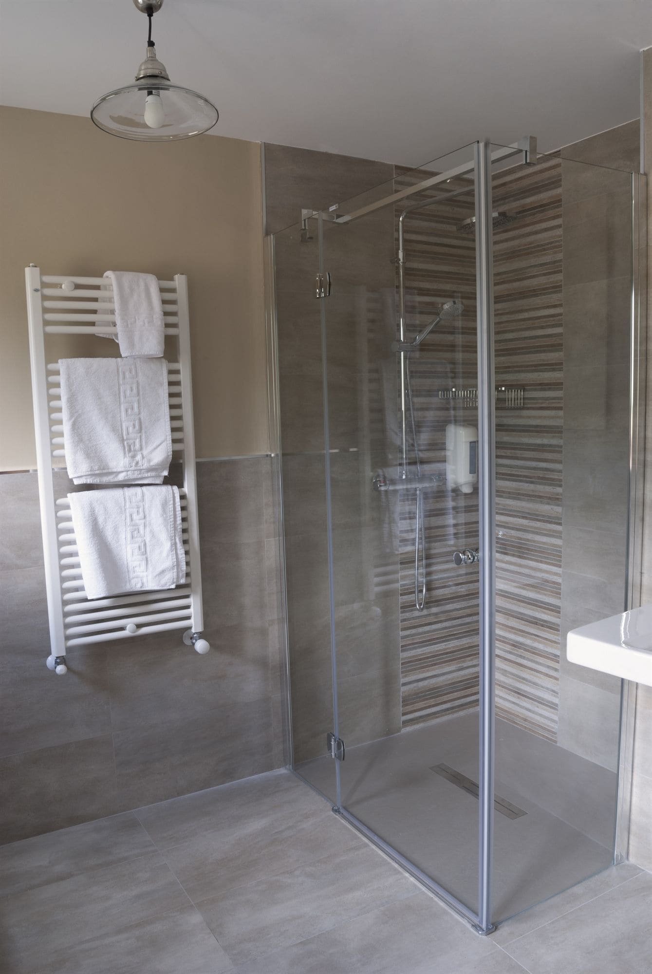 Un baño moderno con cabina de ducha de vidrio, toallero blanco y ducha visible.