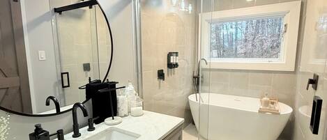 Shower, hair dryer, soap, shampoo