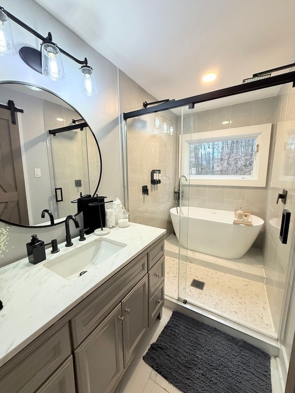 Shower, hair dryer, soap, shampoo