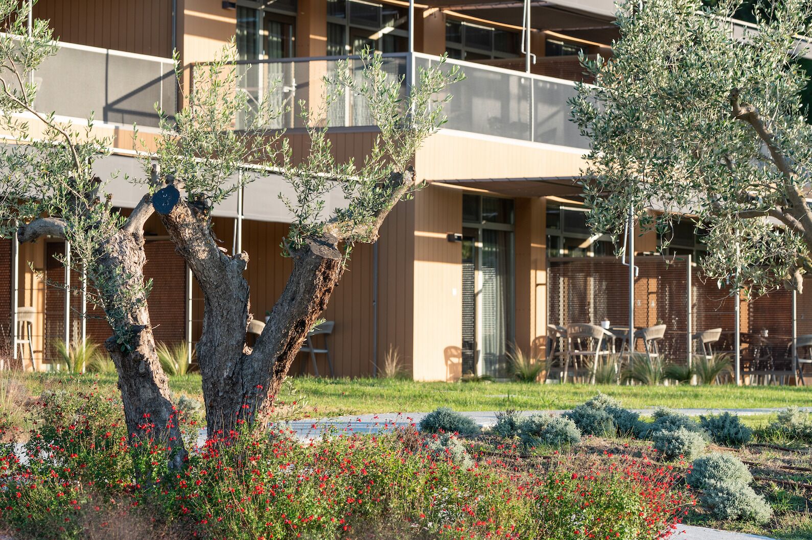 Un bâtiment moderne doté d’une terrasse et d’un jardin aménagé avec des arbres et des fleurs rouges.