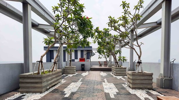 A rooftop terrace with a paved walkway, potted plants, and a seating area.