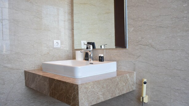 Une salle de bain avec un lavabo en marbre, un miroir et une douchette à main.