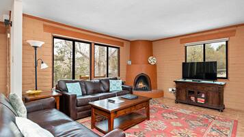 Smart TV, chimenea, reproductor de DVD y libros