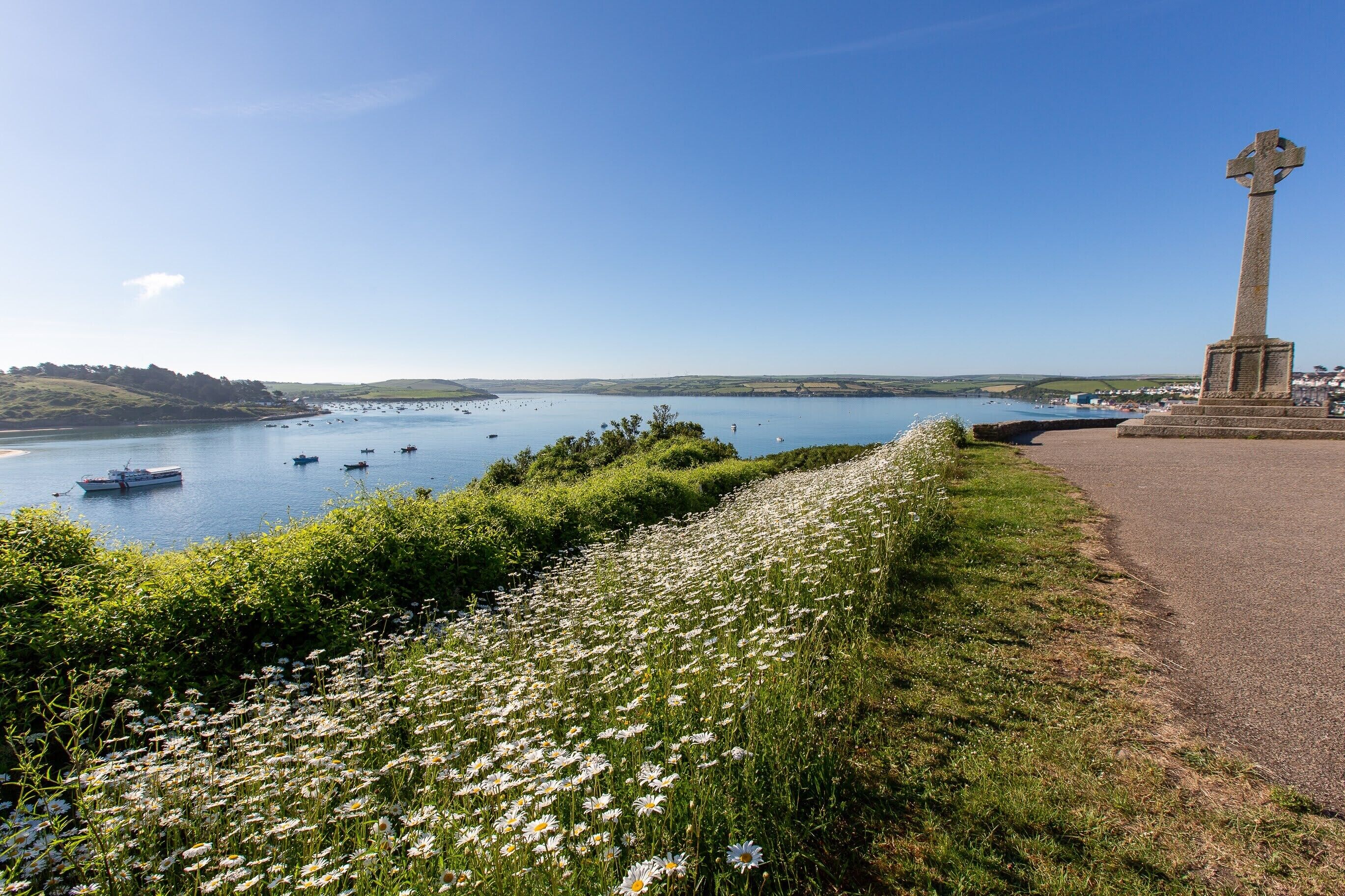 A coastal landscape with a monument, a path, and a field of daisies.