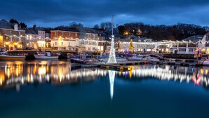 Une ville située au bord de l’eau, avec des bâtiments, des bateaux et un sapin de Noël.