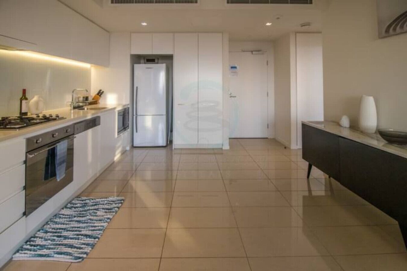 Fridge, coffee/tea maker, high chair, cookware/dishes/utensils