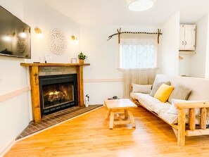 Smart TV, fireplace, books