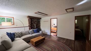 Smart-TV, Kamin, Bücher, Stereoanlage