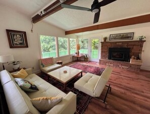 Smart TV, chimenea, libros y estéreo