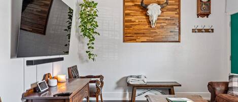 Smart TV, fireplace, video games, stereo