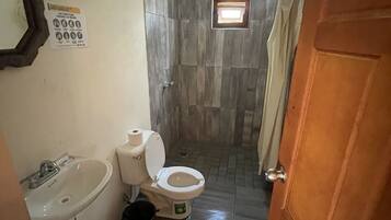 Shower, jetted tub, towels, soap