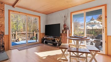 Smart TV, fireplace, books