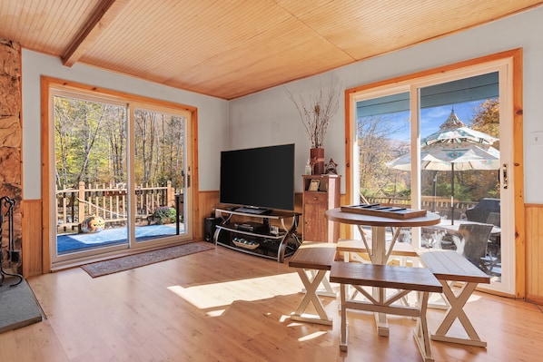 Smart TV, fireplace, books