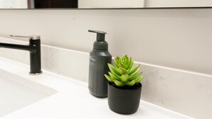 A bathroom with a white sink, a black faucet, a black bottle, and a small black pot with a green plant. - Mountain Home Theme: Suites of Lava #4 (Lava Hot Springs)