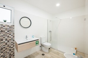 Shower, hair dryer, soap, shampoo