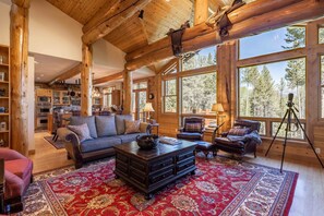 Smart TV, fireplace, books, printers