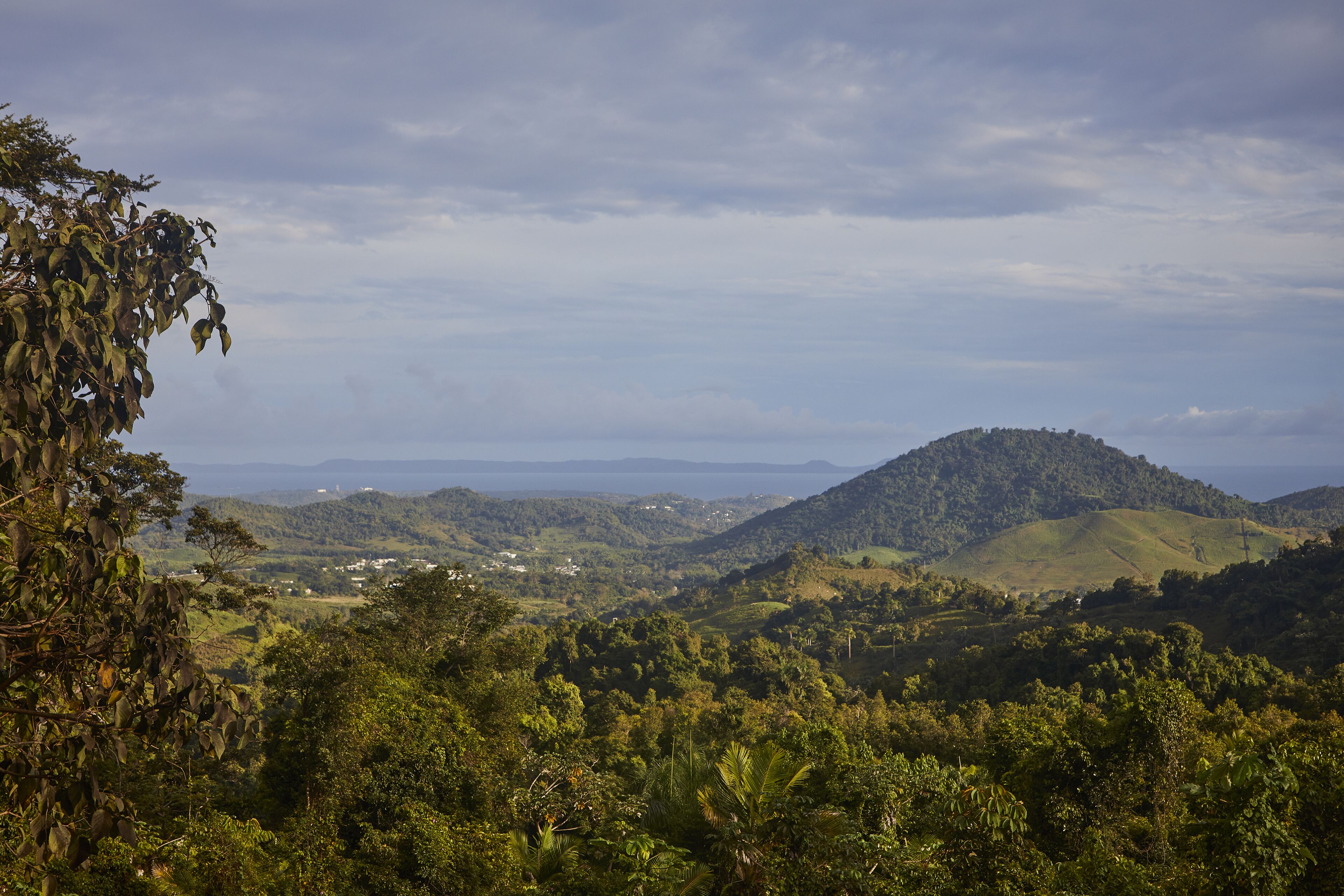 A mountainous landscape with dense greenery and a cross on a hill.