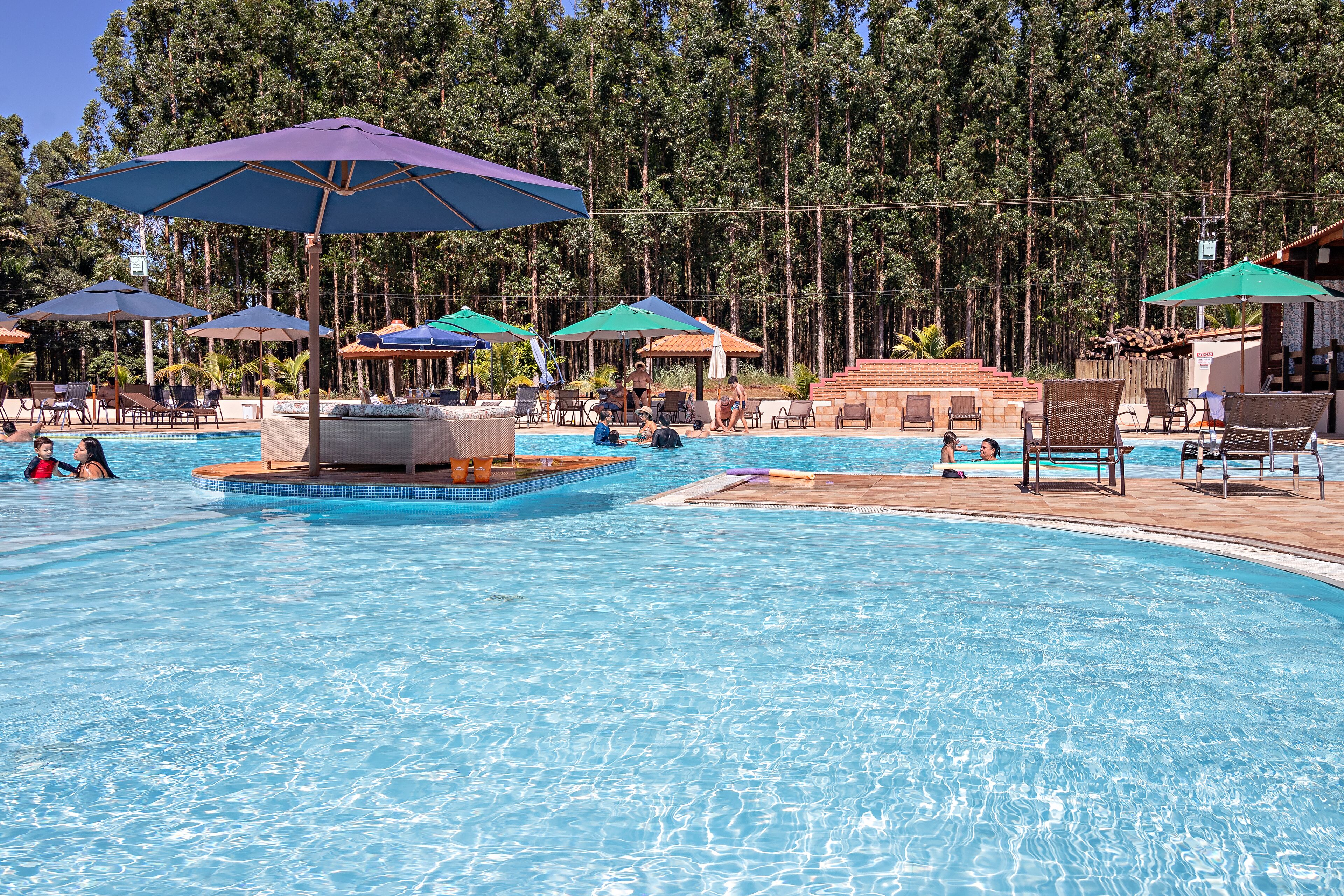 Una piscina al aire libre, sombrillas, sillones reclinables de piscina