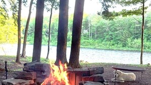 Un feu de camp entouré de rochers, et un chien allongé sur une table à proximité.