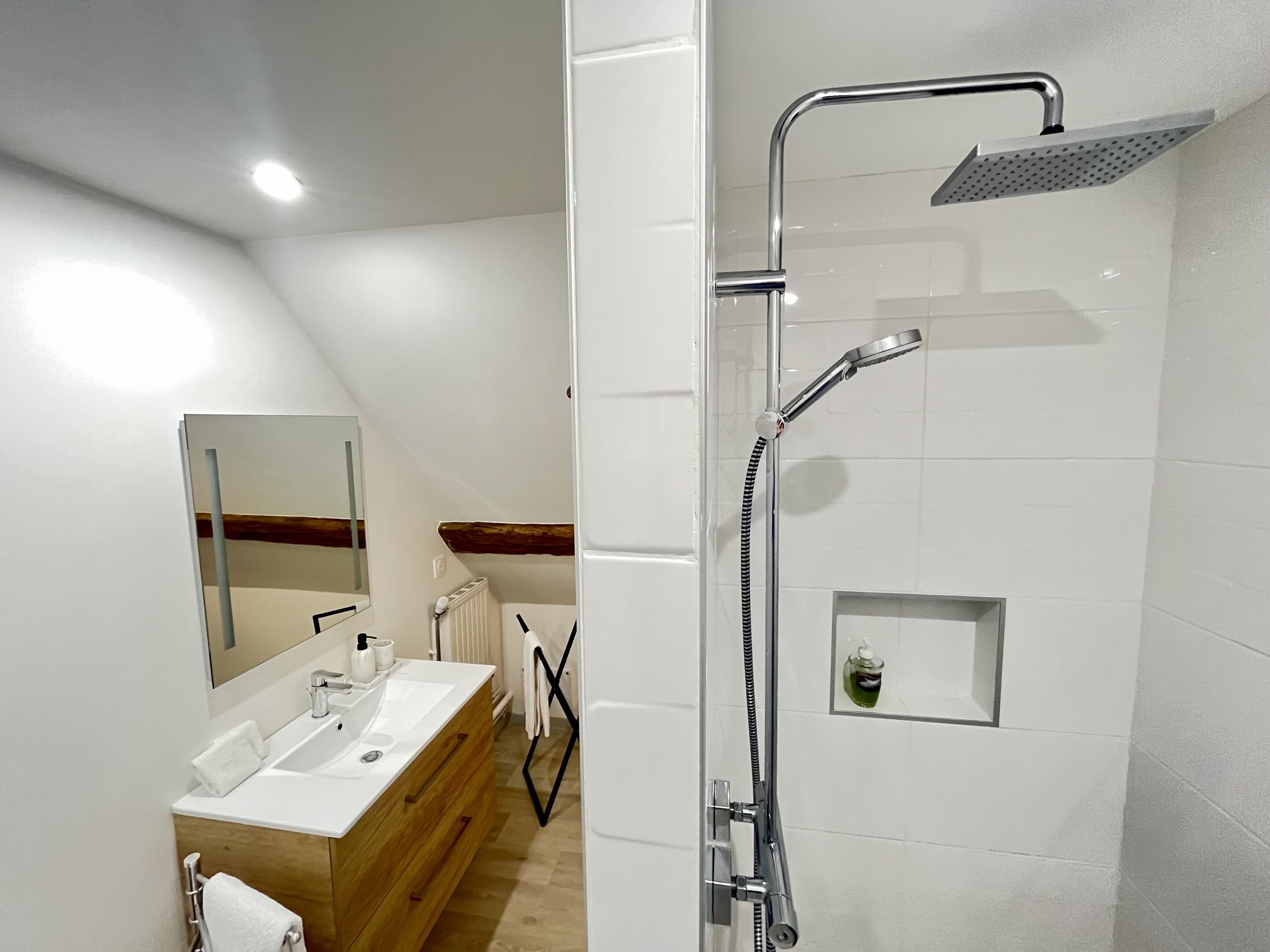 A modern bathroom with a shower, a sink, and a mirror.