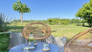 An outdoor patio with wicker chairs and a round table, surrounded by greenery and a clear sky. - Le Clos des Châteaux (Chitenay)