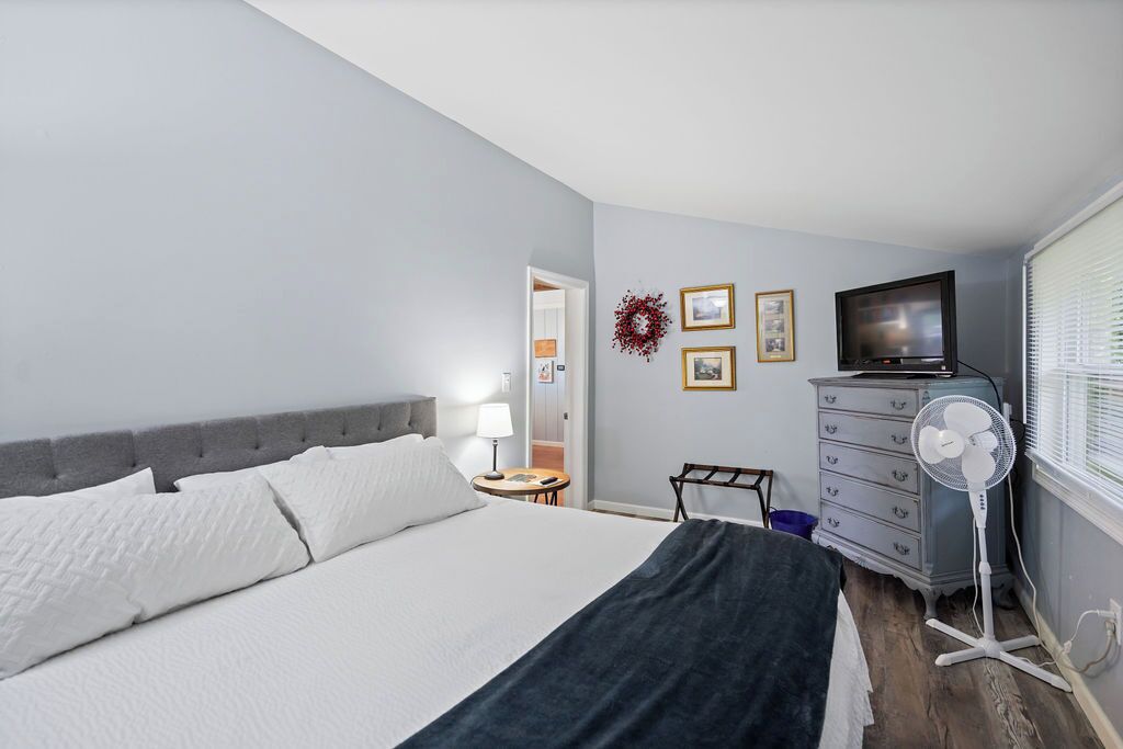 Una camera da letto con un letto, una cassettiera, una TV e una ventola.