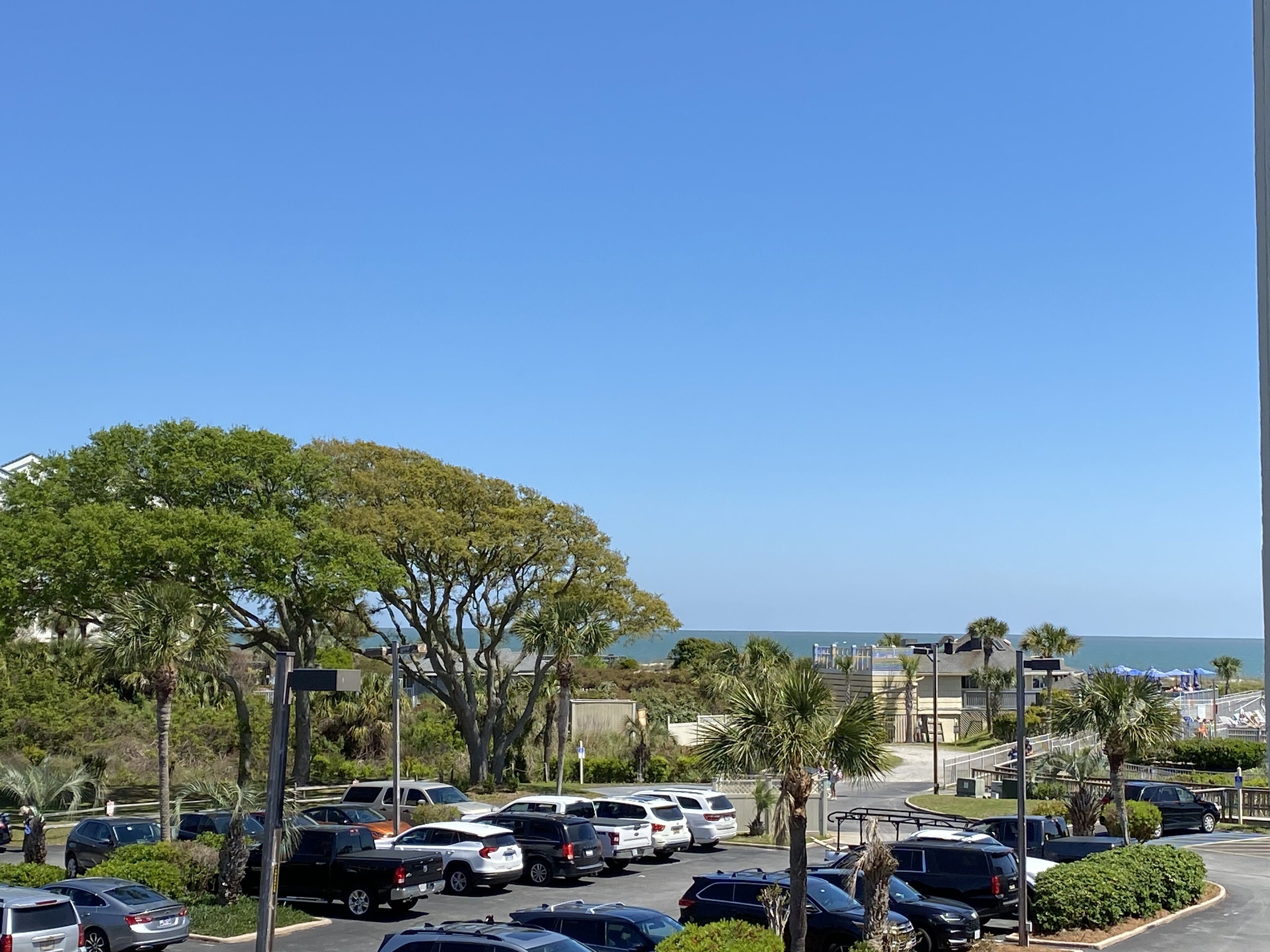Een parkeerplaats met diverse auto's, palmbomen en uitzicht op de zee.
