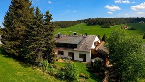 Une maison avec un toit en pente, une terrasse et un grand arbre au premier plan.
