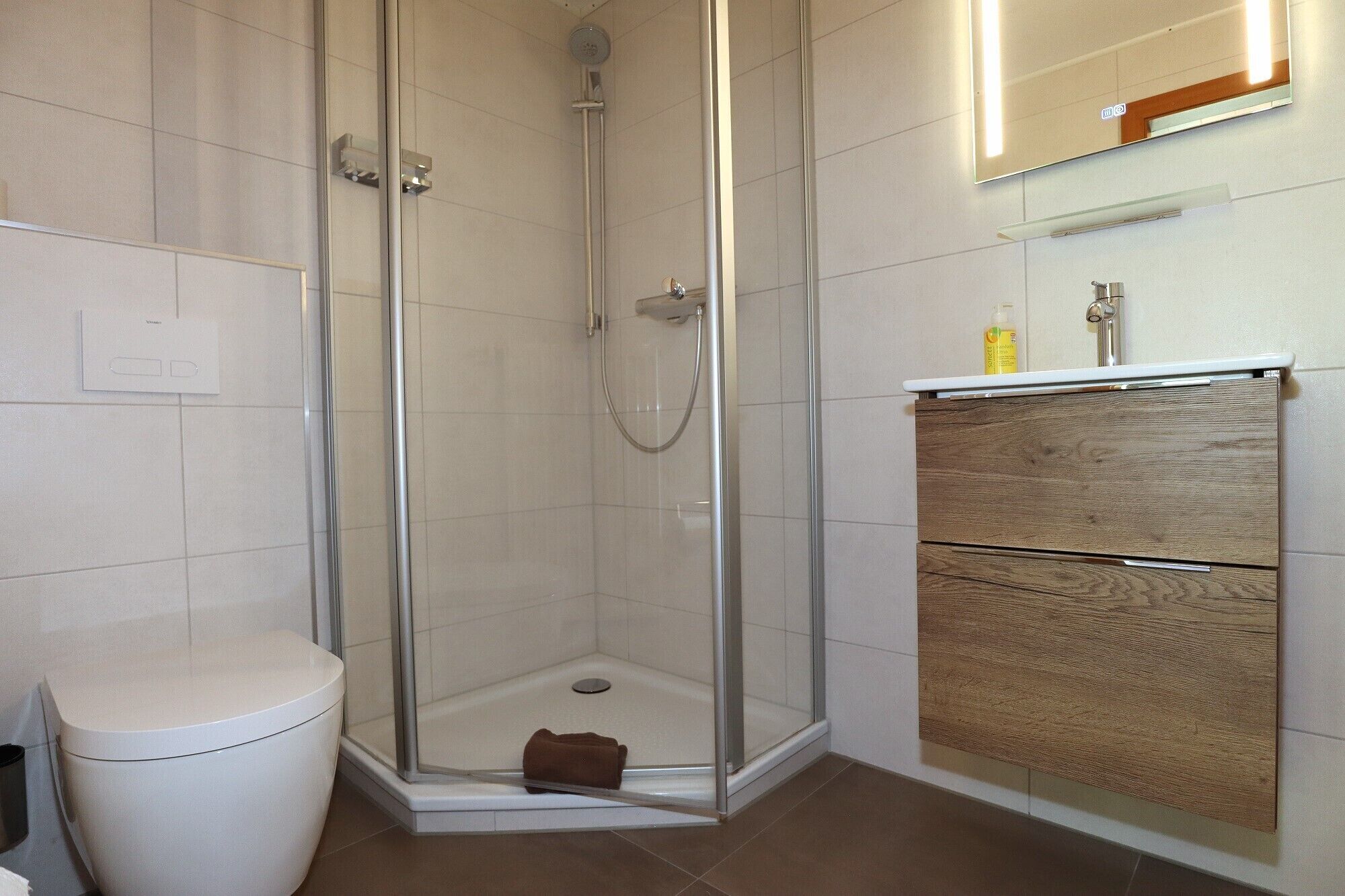 A modern bathroom with a glass-enclosed shower, a toilet, and a vanity with a mirror.