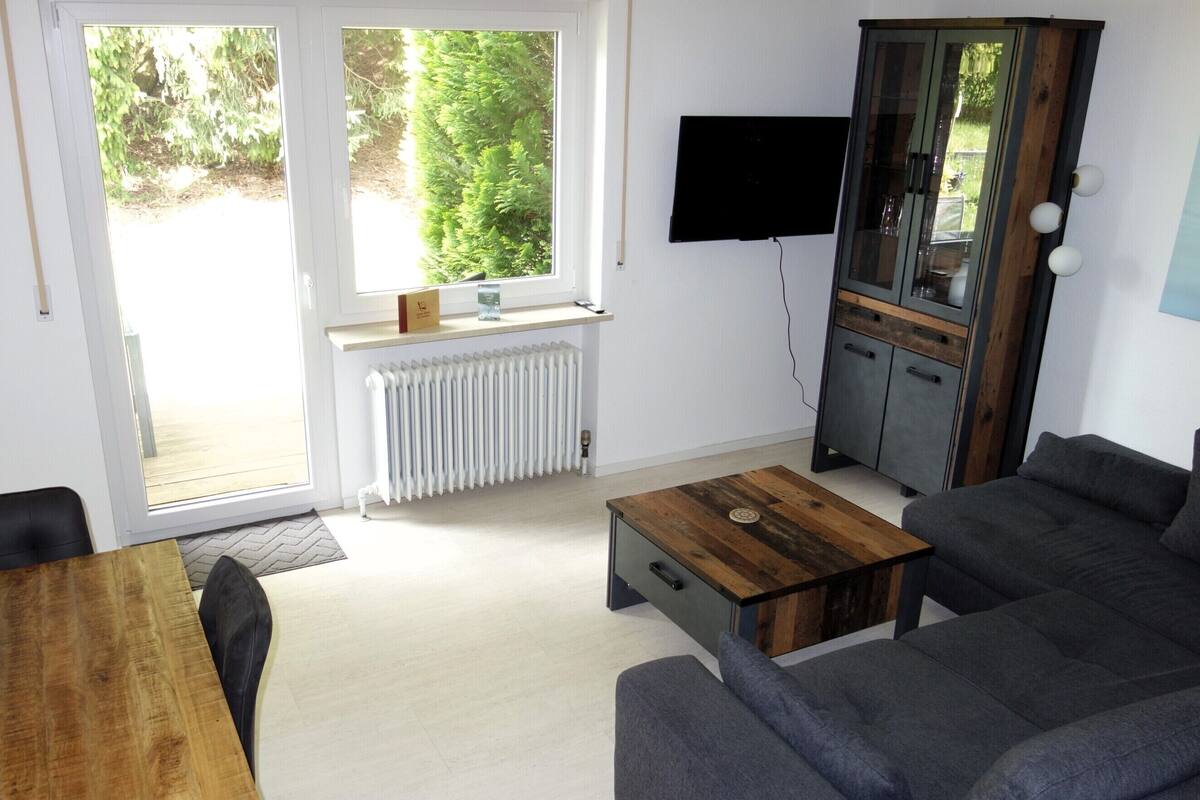 A living room with a sofa, a coffee table, a TV, a cabinet, and a radiator.
