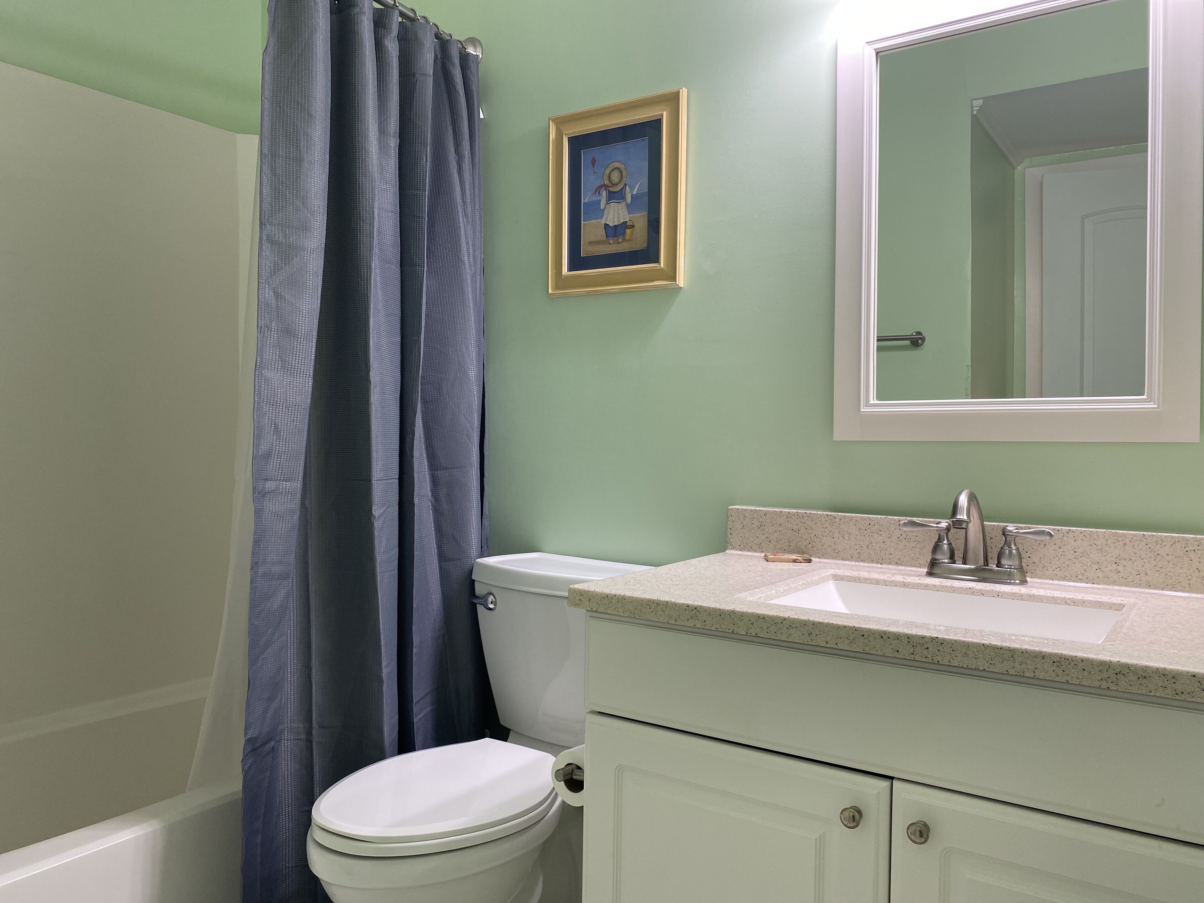 A bathroom with a toilet, sink, and shower curtain.
