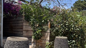 Two stone planters in a garden setting with a wooden fence and flowering plants. - Chambres D'hôtes Terra Bella (Lecci)