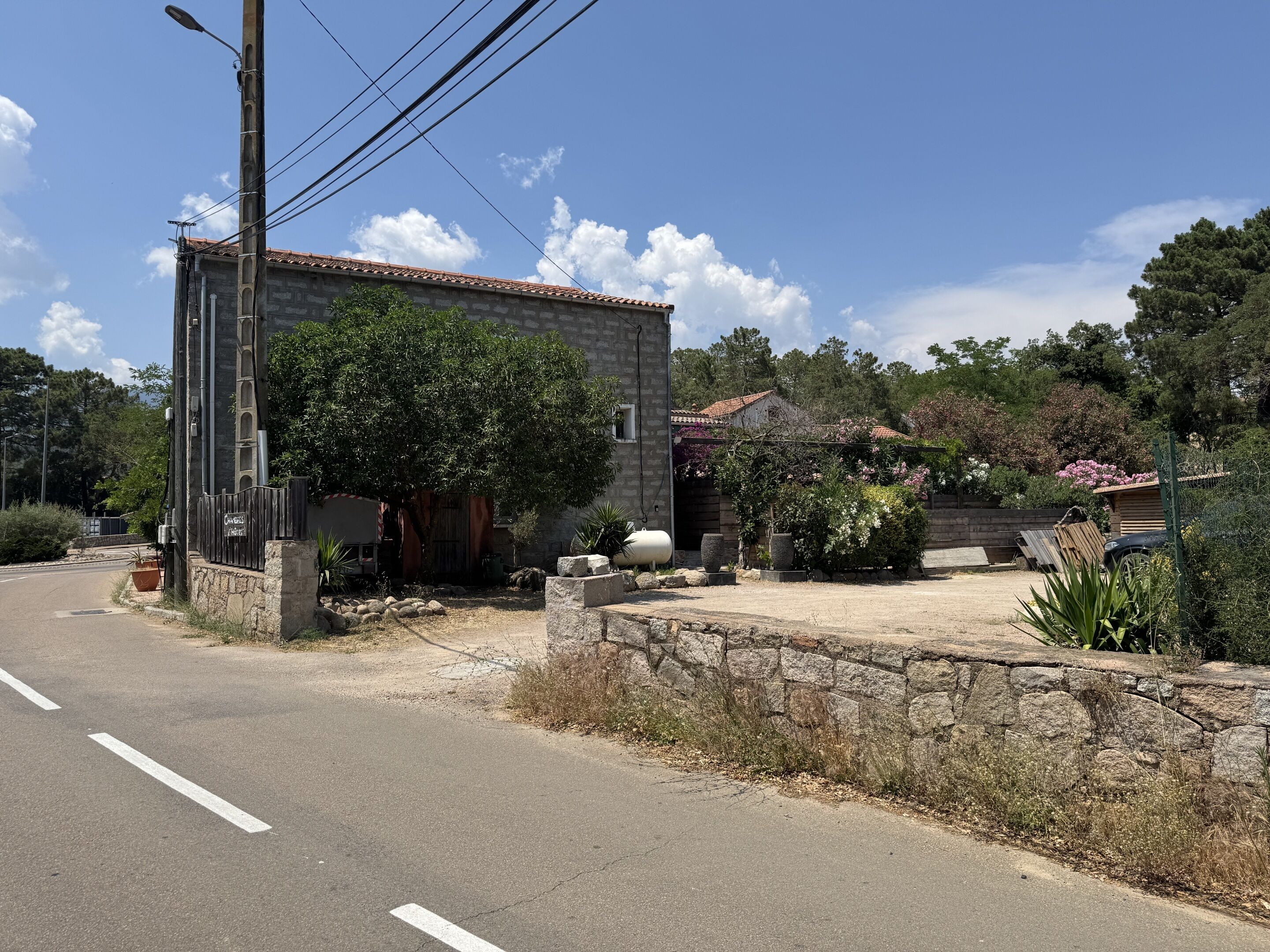 Un edificio de fachada de piedra, un árbol en primer plano y un cielo despejado.