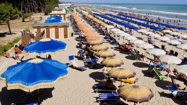 A beach with rows of sun loungers and umbrellas, a clear sky, and the ocean in the background. - Holiday Rendez Vous 4 - Two-room apartment on ground floor with garden (Pineto)